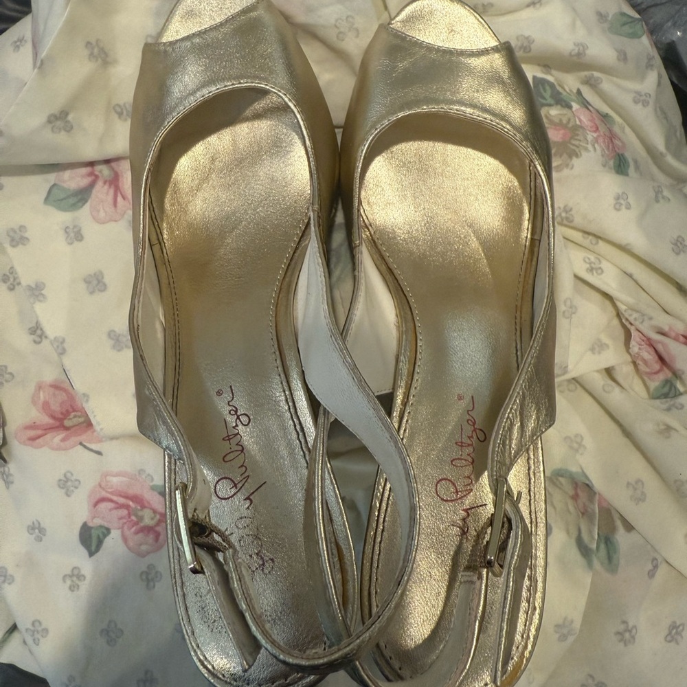 Lilly Pulitzer Gold Slingback Heels with Peep-Toe